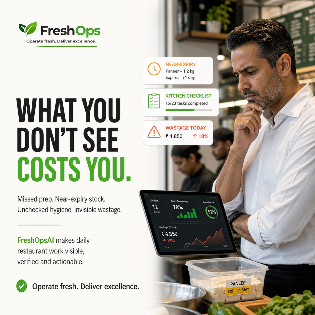 FreshOpsAI makes missed preparation, near-expiry stock, hygiene gaps and wastage visible, verified and actionable.